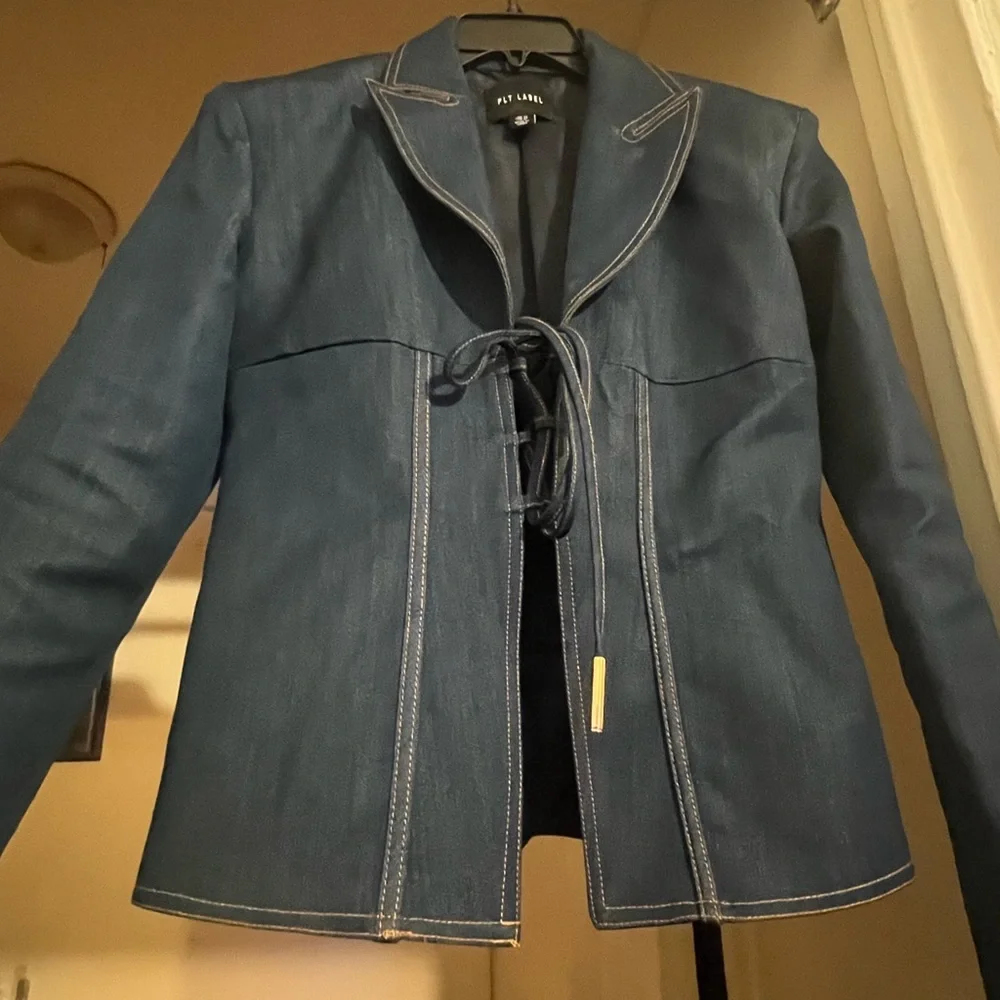 Dark Blue Lace-Up Denim Jacket and mini skirt- Women's - Picture 5 of 5